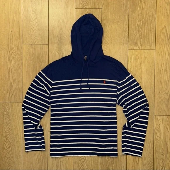 Polo Ralph Lauren Men's XXL Navy Blue & White Striped Hooded Lightweight Jersey - Picture 2 of 8